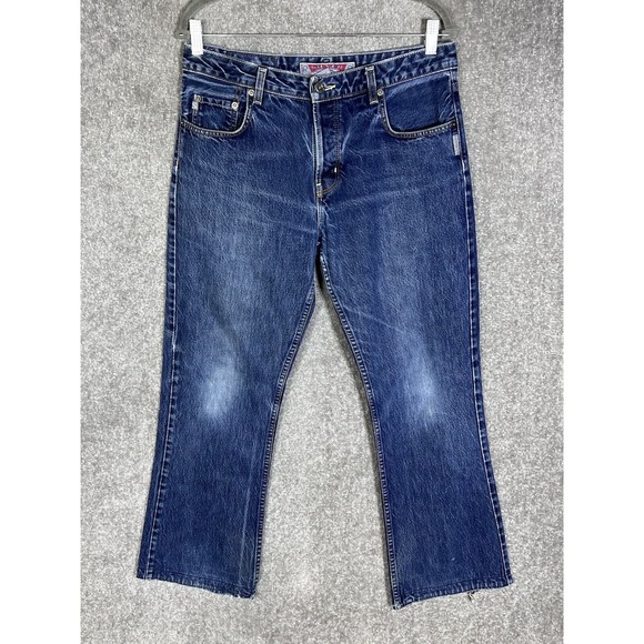 Vintage Silver Button Fly Distressed Bootcut Jeans Mens Size 32x28 Blue Denim - Picture 1 of 16